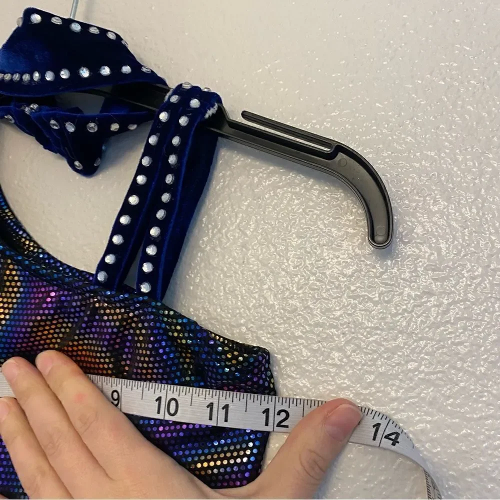 The Line Up Dance Costume unitard blue velvet rhinestone wide leg retro MC 10